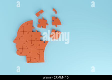 Nicht zusammengesetztes kopfförmiges Puzzle. Alzheimer, Demenz und psychische Gesundheit Konzept. 3D-Abbildung. Stockfoto