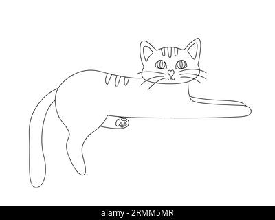 Von Hand gezeichnete, niedliche Katze mit geschlossenen Augen. Haustier im Doodle-Stil. Schwarz-weiß-Konturvektorillustration isoliert auf weißem Hintergrund Stock Vektor