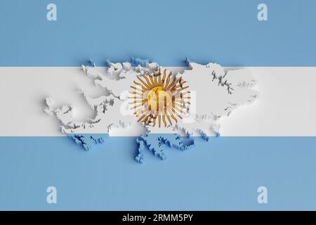 Karte der Falklandinseln in drei Dimensionen mit den Farben der argentinischen Flagge. 3D-Abbildung. Stockfoto