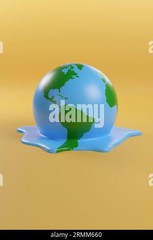 Der Planet Erde schmilzt isoliert auf gelbem Hintergrund. Konzept der globalen Erwärmung. 3D-Abbildung. Stockfoto