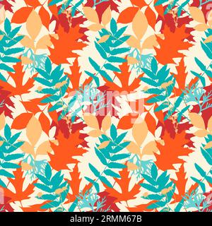 Helles, mehrfarbiges Herbstmuster mit Blattsilhouetten. Vektorillustration Stock Vektor