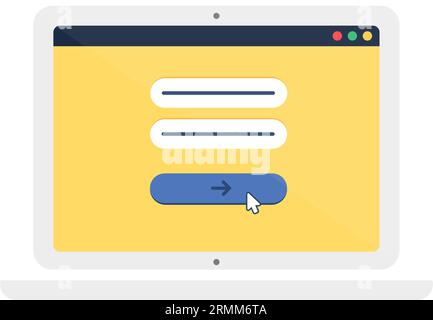 Login- und Kennwort-Website-Seite, die auf einem tragbaren Laptop mit silbernem Rahmen eingegeben wird. Menü Webseite auf dem Bildschirm des digitalen Gadgets. Einfaches flaches Vektorsymbol isol Stock Vektor