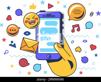Der Benutzer hält Smartphone-Gadgets mit Symbolen für Online-Korrespondenz. Verwenden von Mobilgeräten zum Senden von Nachrichten und Chatten mit Freunden. Comic-Umriss ve Stock Vektor
