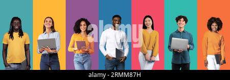 Online-Schulung. Gruppe multikultureller Frauen Lernen Sie mit Laptops aus der Ferne, glückliche multiethnische Frauen mit modernen Geräten für E-Learning Stockfoto