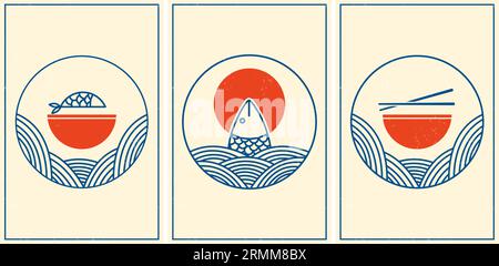 Sammlung von bunten Plakaten mit asiatischen Speisen Stock Vektor