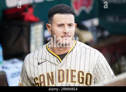 St. Louis, Usa. 28. August 2023. San Diego Padres Manny Machado spaziert im Dugout vor einem Spiel gegen die St. Louis Cardinals im Busch Stadium in St. Louis am Montag, den 28. August 2023. Foto von Bill Greenblatt/UPI Credit: UPI/Alamy Live News Stockfoto