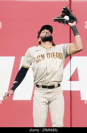 St. Louis, Usa. 28. August 2023. San Diego Padres Right Fielder Fernando Tatis Jr. macht einen Fang auf einem Ball vor dem Schläger von St. Louis Cardinals Tommy Edman im ersten Inning im Busch Stadium in St. Louis am Montag, den 28. August 2023. Foto von Bill Greenblatt/UPI Credit: UPI/Alamy Live News Stockfoto