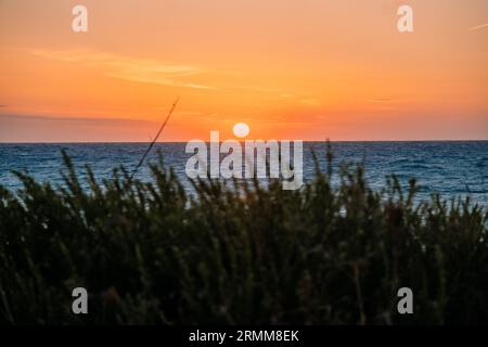 Wunderschöner Sonnenuntergang am Strand in Griechenland mit Blick auf das endlose Meer mit einem bunten bewölkten Himmel mit grünem Gras in einer Campinglandschaft Stockfoto