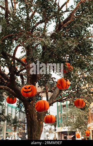 Heller Kürbis mit einem gruseligen Halloween-Gesicht, das an einem Baum mit Girlanden hängt. Hintergrund für halloween-Party Stockfoto