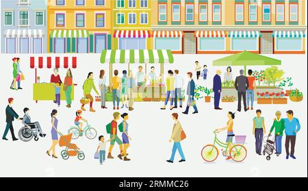 Wochenmarkt in einer Einkaufsstraße, Stadtleben, Illustration, Stock Vektor