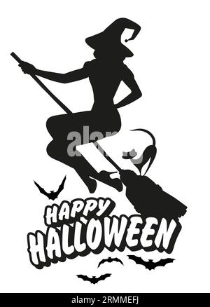 Silhouette einer Hexe, die auf einem Besen mit einer schwarzen Katze fliegt. Happy Halloween Text umgeben von Fledermäusen isoliert auf weißem Hintergrund Stock Vektor