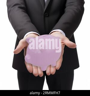 Der Geschäftsmann hält eine Sparkasse. Finanzierungssparkonzept Stockfoto