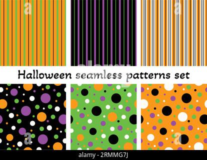 Set aus nahtlosen Halloween-Vektormustern in Neonorange, Schwarz, Grün und Violett. Textil, umhüllt. Vektorillustration Stock Vektor