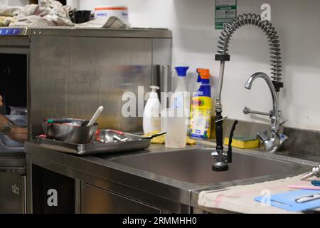 Personal, das professionelle Kochgeräte und -Geräte in der professionellen Küche reinigt, sicheres Hygienekonzept Stockfoto