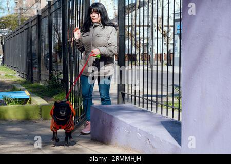Glückliche lächelnde Latina junge Frau mit langen schwarzen Haaren, die kalte Wetterjacke und jeanshose trägt, kommt am sonnigen Tag am Nachmittag an und tritt ein Stockfoto