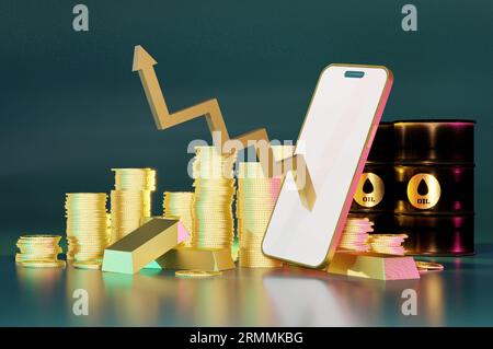 3D-Illustration, Gold-, Öl- und Münzmarktkonzept. Aktienpfeil- und Balkendiagramm mit Gold-, Öl- und Bitcoins auf einem Mobiltelefon. v Stockfoto