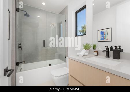 Ein modernes Badezimmer mit weißem Waschbecken, weißer Toilette und Glasdusche Stockfoto