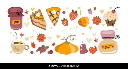 Teezeit-Zeichentrick. Vektorillustrationssammlung im flachen Design. Bilder von verschiedenen Marmeladen, Tassen Tee sowie Gebäck und Dessert. Stock Vektor