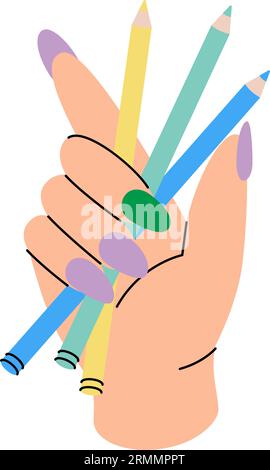Hand mit Bleistift, Schulsachen. Zurück zur Schule. Vektorillustration. Stock Vektor