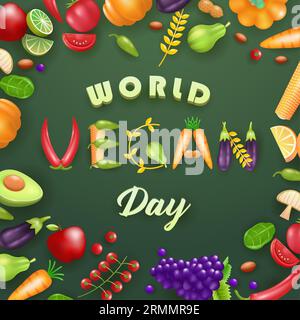 Weltvegetarischer Tag. Obst- und Gemüsetext und -Ornamente, 3D-Vektor. Geeignet für Veranstaltungen und gesundes Essen Stock Vektor