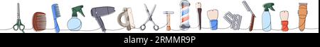 Friseur einzeilige, durchgehende Zeichnung. Schere, Kamm, Haartrockner, Schminkbürste, Rasierklinge, Haarschneider durchgehende einzeilige Abbildung. Stock Vektor