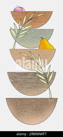 Obstschalen und Früchte aus Holz sind in diesem digitalen Kunstwerk in Pastellfarben zu sehen, das eine 3D-Illustration ist. Stockfoto