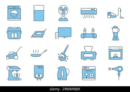 Symbolsatz für Haushaltsgeräte. Symbol für Haushaltsgeräte. Mit Waschmaschine, Kühlschrank, Ventilator, Staubsauger, Fernseher und mehr. Flache Linie IC Stock Vektor