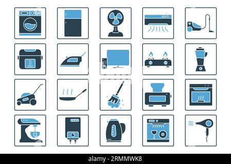 Symbolsatz für Haushaltsgeräte. Symbol für Haushaltsgeräte. Mit Waschmaschine, Kühlschrank, Ventilator, Staubsauger, Fernseher und mehr. Durchgehende Symbole Stock Vektor