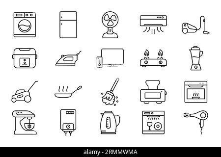 Symbolsatz für Haushaltsgeräte. Symbol für Haushaltsgeräte. Mit Waschmaschine, Kühlschrank, Ventilator, Staubsauger, Fernseher und mehr. Zeilensymbol St Stock Vektor