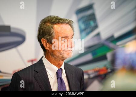 Monza, Italien. Am 29. August 2023, Attilio Fontana, Präsident der Lombardei, während der Pressekonferenz Formel 1 Pirelli Gran Premio d'Italia 2023 am 29. August 2023 in Monza, Italien. Quelle: Luca Rossini/E-Mage/Alamy Live News Stockfoto