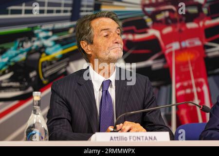 Monza, Italien. Am 29. August 2023, Attilio Fontana, Präsident der Lombardei, während der Pressekonferenz Formel 1 Pirelli Gran Premio d'Italia 2023 am 29. August 2023 in Monza, Italien. Quelle: Luca Rossini/E-Mage/Alamy Live News Stockfoto