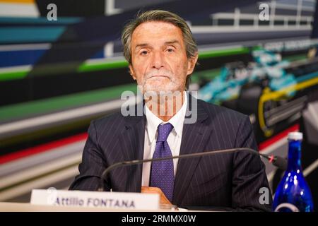 Monza, Italien. 29. August 2023. Attilio Fontana, Präsident der Lombardei, während der Pressekonferenz Formel 1 Pirelli Gran Premio d'Italia 2023 am 29. August 2023 in Monza, Italien. Im Jahr 2023 GP Formel 1 Grand Prix Pirelli, Gran premio d'Italia - Pressekonferenz, Formel 1 Meisterschaft in Monza, Italien, August 29 2023 Credit: Independent Photo Agency/Alamy Live News Stockfoto