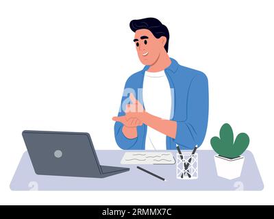 Lächelnder Mann, der im Videoanruf mit Gebärdensprache spricht, mit einem Patienten mit Hörbehinderung, Taubheit spricht, Gesten auf dem Bildschirm zeigt. Stock Vektor