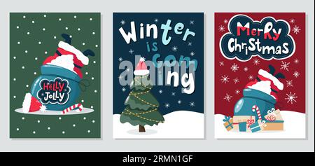 Set mit drei süßen Weihnachtsgrüßkarten. Stock Vektor