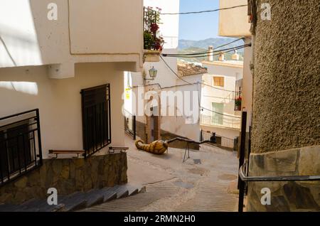 SOPORTUJAR, SPANIEN - 16. MAI 2022 eine interessante Touristenattraktion in einer kleinen Hexenstadt in der Region Alpujarras in Spanien, wo sich schwarze Magie abhebt Stockfoto