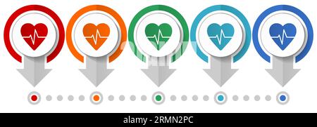 Herz, Impulsvektor-Symbolsatz, Infografik-Vorlage mit flachem Design, Symbole für das Set-Zeiger-Konzept in 5 Farboptionen für Webdesign und mobile Anwendungen Stock Vektor