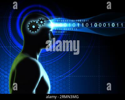 Der Denkprozess wird zu einem digitalen Datenstrom. 3D-Illustration. Stockfoto