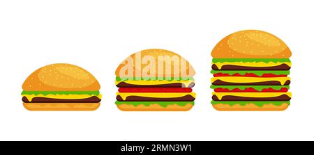 Drei verschiedene Größen von Burgern. Klassischer Hamburger bis sehr großer Burger. Vektorillustration isoliert auf weißem Hintergrund. Stock Vektor