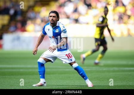 WATFORD, UK - 27. August 2023: Tyrhys Dolan von Blackburn Rovers während des Sky Bet Championship-Spiels zwischen Watford und Blackburn Rovers in Vicarage Stockfoto
