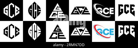 GCE Logo-Design in sechs Ausführungen. GCE-Polygon, Kreis, Dreieck, Sechseck, flacher und einfacher Stil mit schwarz-weißer Farbvariante des Buchstaben-Logos Stock Vektor
