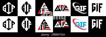Logo mit GIF-Buchstaben im 6-teiligen Stil. GIF-Polygon, Kreis, Dreieck, Sechseck, flacher und einfacher Stil mit schwarz-weißer Farbvariante des Buchstaben-Logos Stock Vektor