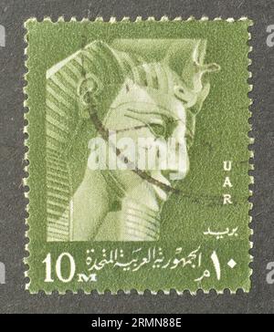 Frankierte Briefmarke, gedruckt von Ägypten, die Pharao Ramses II. Zeigt, Kopf einer kolossalen Statue von Memphis, um 1961. Stockfoto