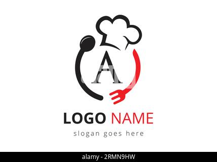 Logo „Letter A“ mit Kochmütze, Löffel und Gabel für Restaurant-Logo. Modernes Vektorlogo für Café, Restaurant, Kochgeschäft und Unternehmensidentität Stock Vektor