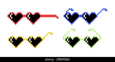 Vector Pixel Heart Shaped Boss Brillen Icon Set im 8-Bit Retro Stil. Sommer Meme Game Thug Design, Mafia Gangster Funky Sonnenbrille. Rap Music Design Stock Vektor