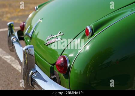 Waltershausen, Germany - June 10, 2023: Vintage Austin Healey 3000. Rear view of luggage compartment, chrome bumper and lights. Stock Photo