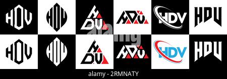 Logo-Design mit HDV-Buchstaben in sechs Ausführungen. HDV-Polygon, Kreis, Dreieck, Sechseck, flacher und einfacher Stil mit schwarz-weißer Farbvariante des Buchstaben-Logos Stock Vektor