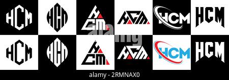 HCM-Logo mit Buchstaben in sechs Ausführungen. HCM-Polygon, Kreis, Dreieck, Sechseck, flacher und einfacher Stil mit Schwarz-weiß-Farbvariation Buchstaben Logo se Stock Vektor