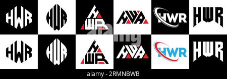 HWR Logo-Design mit Buchstaben in sechs Farben. HWR-Polygon, Kreis, Dreieck, Sechseck, flacher und einfacher Stil mit schwarz-weißer Farbvariante des Buchstaben-Logos Stock Vektor