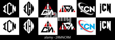 Logo-Design mit ICN-Buchstaben in sechs Ausführungen. ICN-Polygon, Kreis, Dreieck, Sechseck, flacher und einfacher Stil mit Schwarz-weiß-Farbvariation Buchstaben Logo se Stock Vektor
