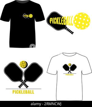Zwei „Pickle Ball“-Logodesign und Applikation auf T-Shirts Stock Vektor